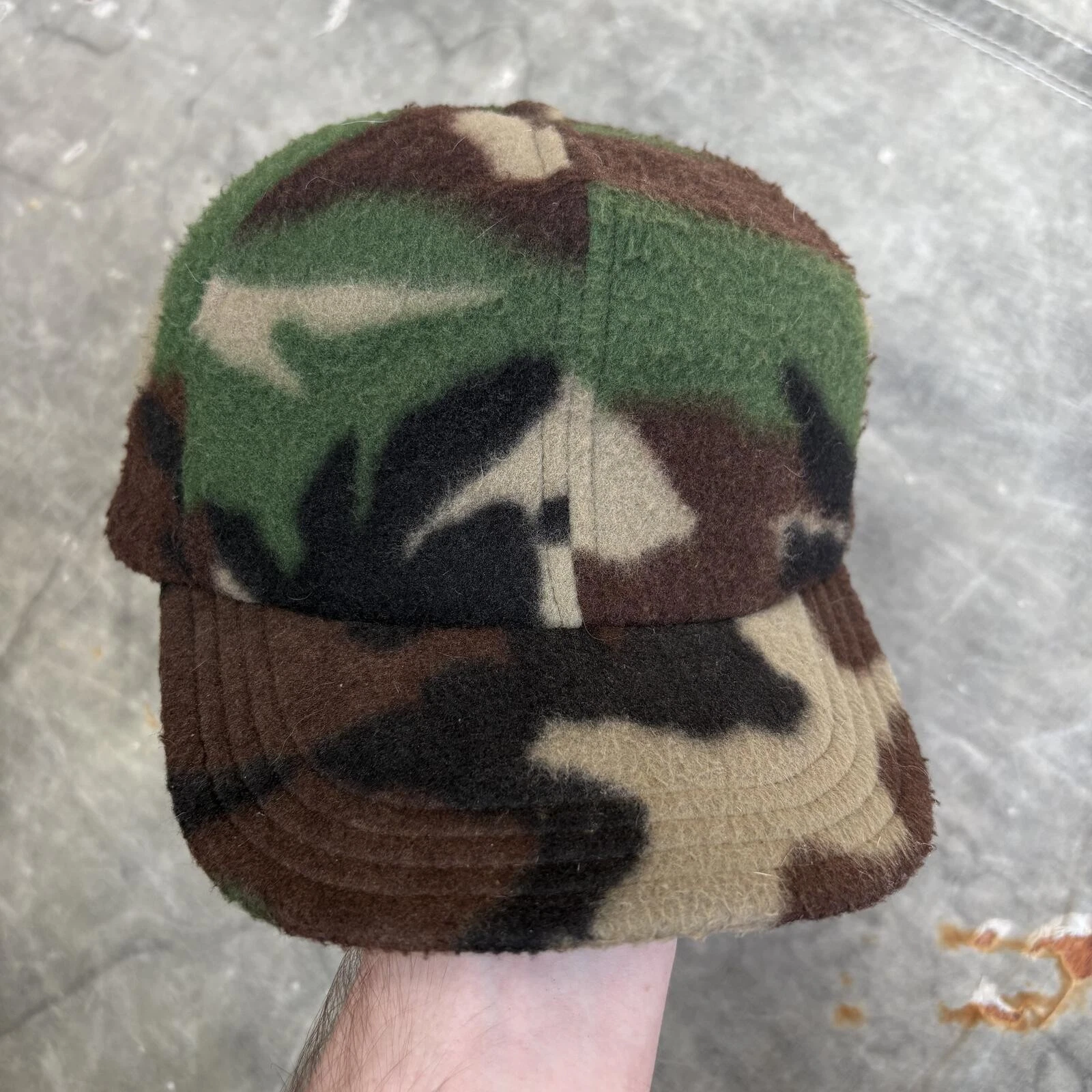 Vintage 80s 90s Woodland Camo Fleece Ear Flaps Hunting Hat