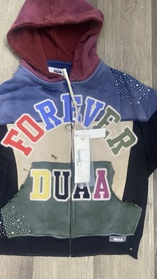 DUAA Full Zip Hooded Studded Graphic Print Fleece Hoodie Multicolor Cotton M