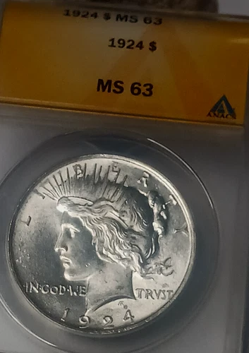 1924  SILVER PEACE DOLLAR ANACS MS 63 VERY NICE