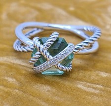 David Yurman 925 Sterling Silver Cable Wrap Prasiolite Diamond Ring Size 7