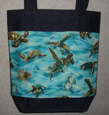 NEW Handmade Medium Tropical Sea Turtle Wildlife #3 Denim Tote Bag