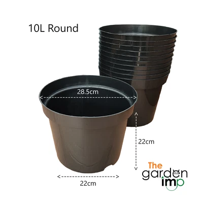 THE GARDEN IMP 10L Plant Pots Round Plastic Strong Black Garden Commercial Nursery Growing Pots