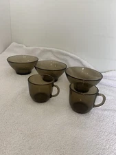 Duralex Vereco Prestige Smoked Glass Cups & Bowls Made France Mugs Coffee VTG