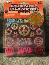 Foam Craft Holographic Foam Stickers Peace and Love 26 stickers Silver and PINK