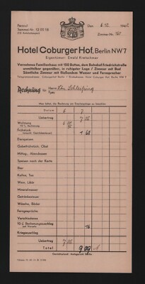 Berlin, invoice 1942, Hotel Coburger Hof Ewald Kretschmar
