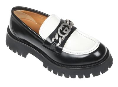 NEW GUCCI LADIES BLACK WHITE LEATHER GG CHAIN LUG SOLE LOAFERS