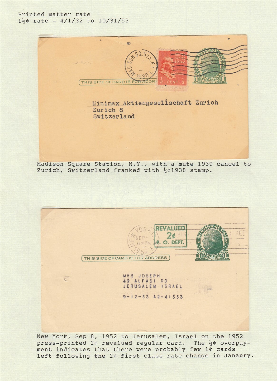 (14) Printed Matter Rate Postal Cards 1902 to 1954 on Exhibit Pages eBay