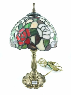 Lamp Abatjour Glass Tiffany With Roses Red And Base Art Nouveau Brass Antique