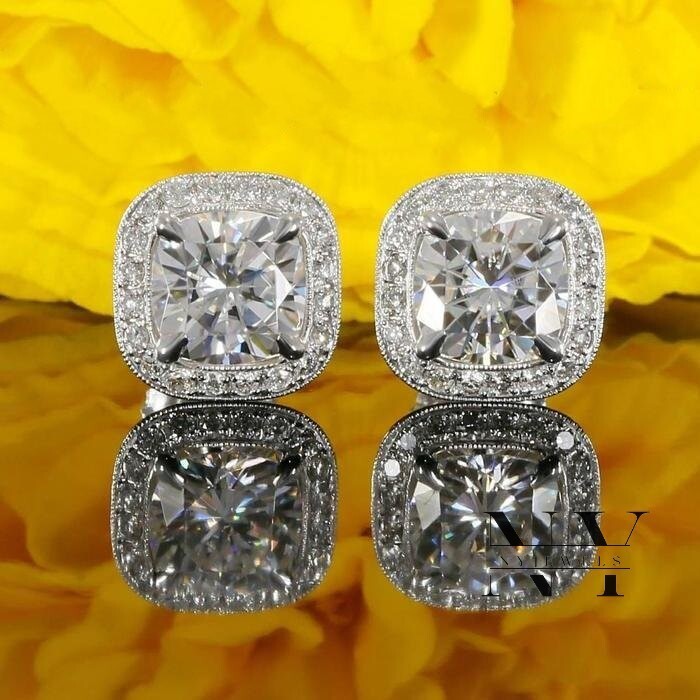 Moissanite Halo Stud Earrings Solid 14K White Gold 3 Carat Cushion Cut For Women