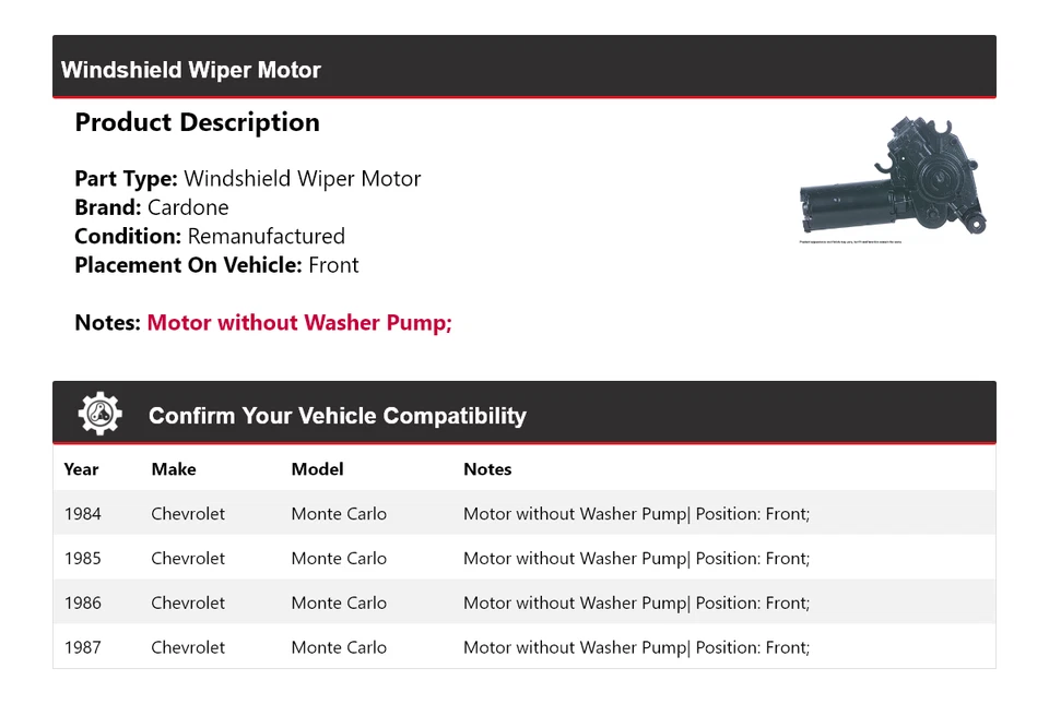 For 1984-1987 Chevrolet Monte Carlo Windshield Wiper Motor Front Cardone 1985 - Image 2 of 4