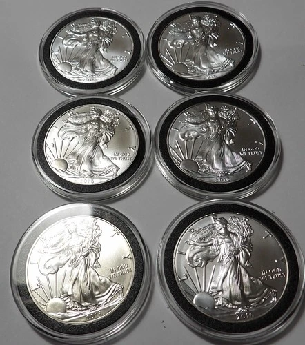 2016 1 OZ SILVER AMERICAN EAGLE, LOT OF SIX, BRILLANT UNCIRCULATED, INCAPSULATED