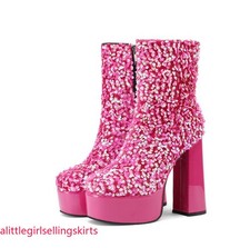 Womens Platform High Block Heel Sequins Party Shiny Side Zip Ankle Boots Shoes