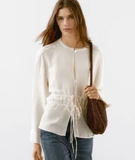 NWT Massimo Dutti Women Flowing Tie Up Shirt Blouse Cream Semi Sheer S