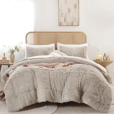 Fluffy Comforter Set, Faux Fur Fuzzy Plush Comforter, Soft Queen Oatmeal