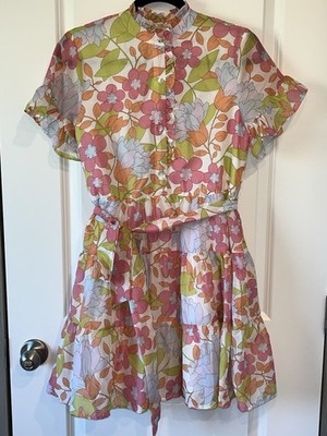 J MARIE PINK FLORAL Preppy Casual Dressy DRESS LAYERED BUTTON FRONT XS RR209