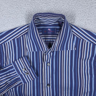 Etro Milano Shirt Men's 38 Blue Striped Button Up Long Sleeve Big Collar Cotton