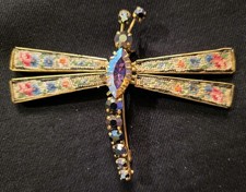 Vintage Dragonfly Brooch Petit Point Wings Crystal Lined Body