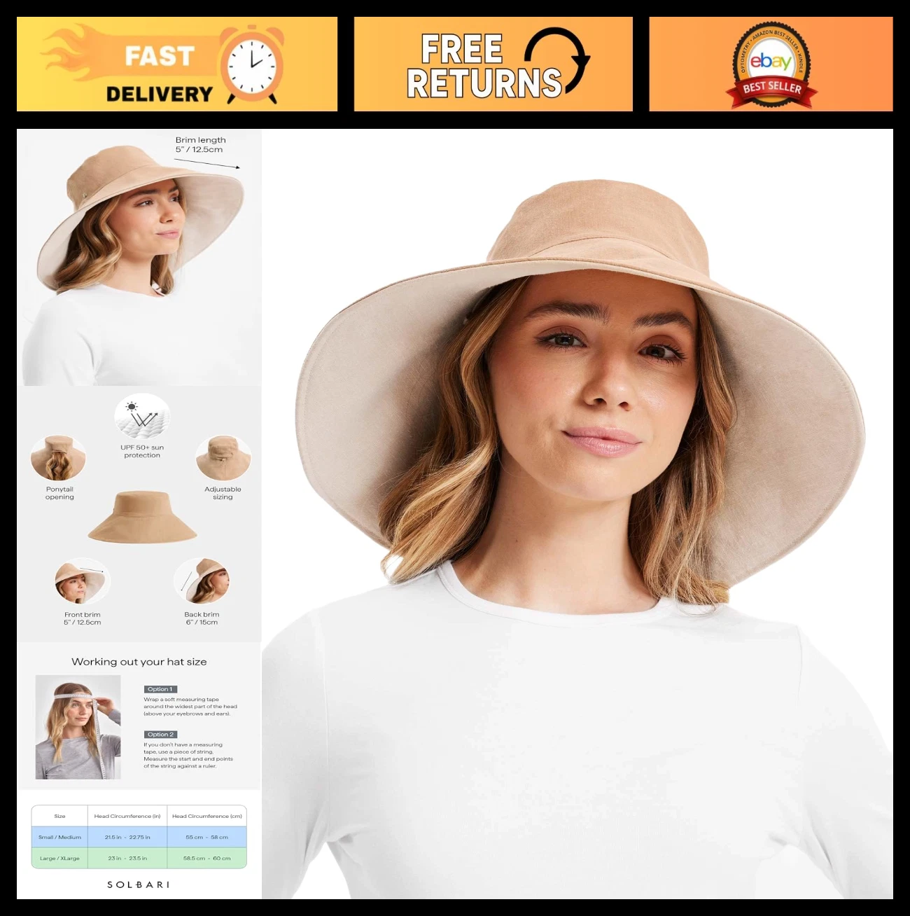 Ultra-Wide Cotton Linen Sun Hat UPF 50+, Packable, Adjustable with Ponytail Hole