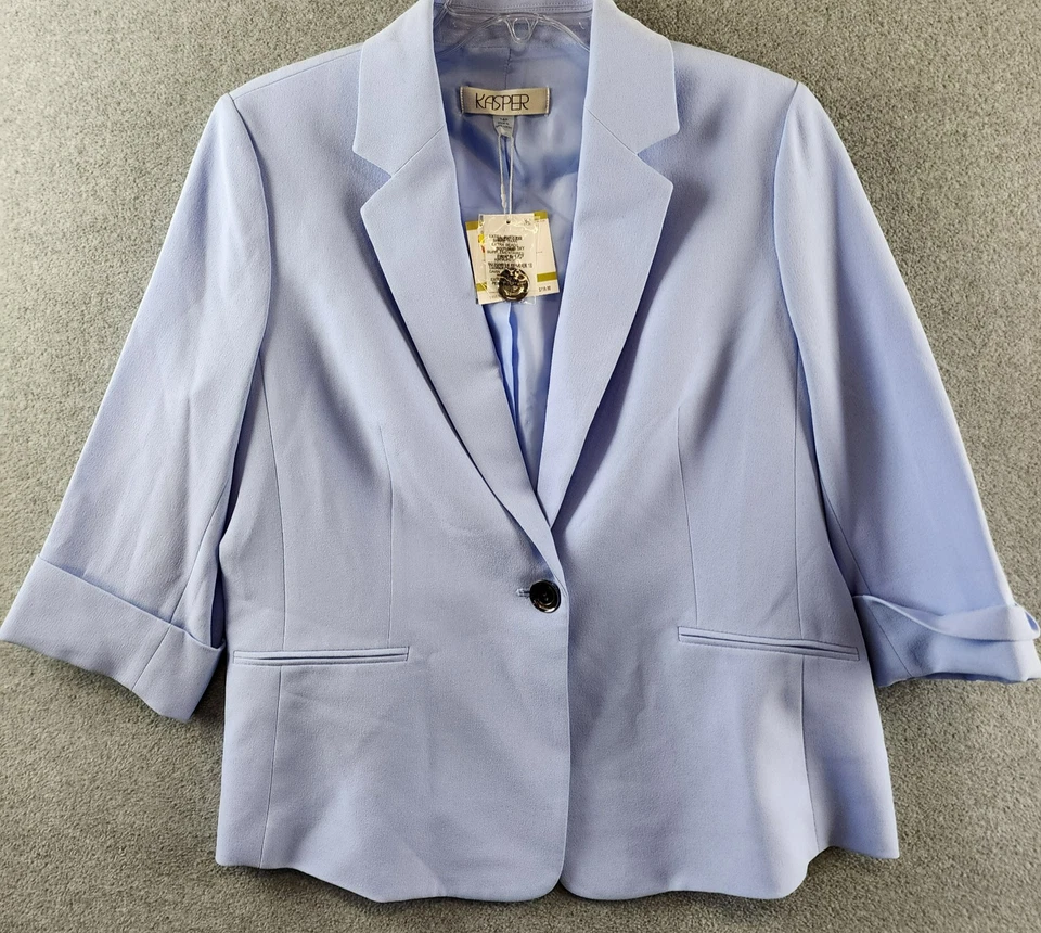 Kasper Petite 3/4-Sleeve One-Button Blazer Women's 14P Light Blue Solid Pockets - Image 2 of 4