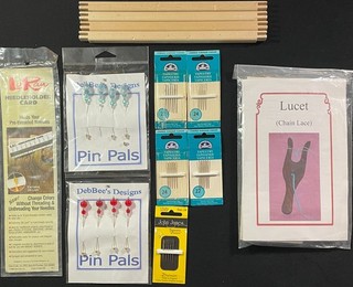 5xNeedlecraft Supplies: 10" mini stretcher/DEBbEE PinPals/DMC Ndles/Lucet PN66