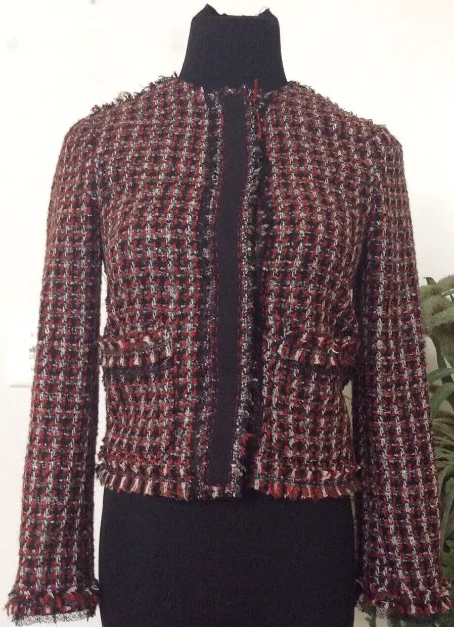Zara-Woman Women's Red Black Polyester Tweed Fringe T… - Gem
