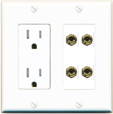 RiteAV 4 Banana 2 Speaker Surround Female Coupler Wall Plate Tamper-Res [White]