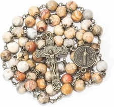 Natural African Jasper Stone Rosary Beads Necklace St. Benedict Cross and Medal