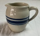 Vintage Pottery Small Pitcher, Dark Blue And Very Light Grey, Stripes, Unsigned
