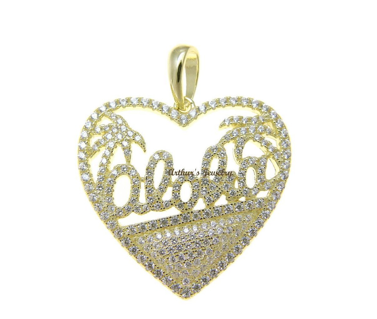 YELLOW GOLD PLATED 925 SILVER HAWAIIAN PALM TREE ALOHA HEART