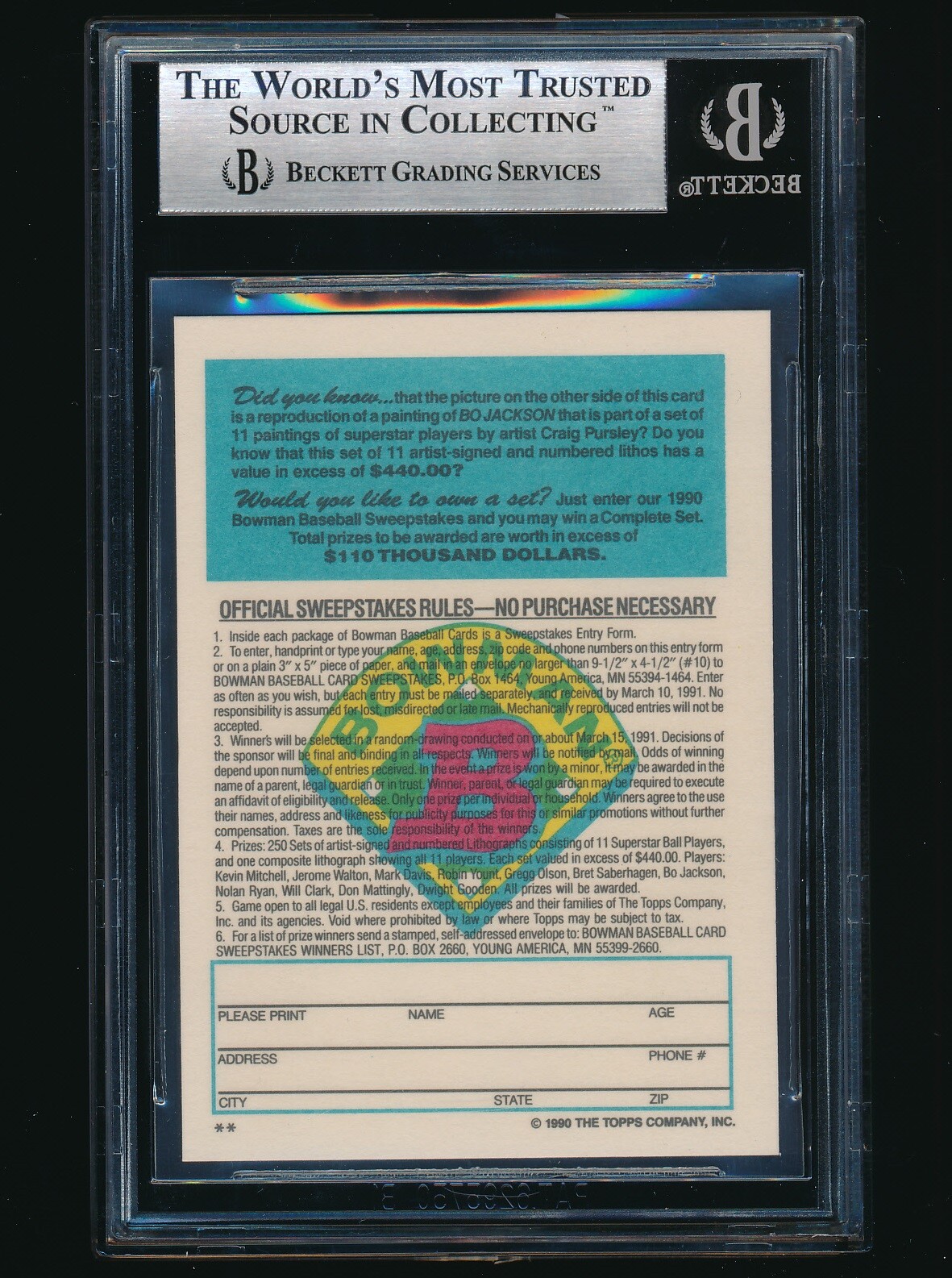 1990 Bowman Tiffany Art Insert #4 Bo Jackson BGS 9 Mint | eBay