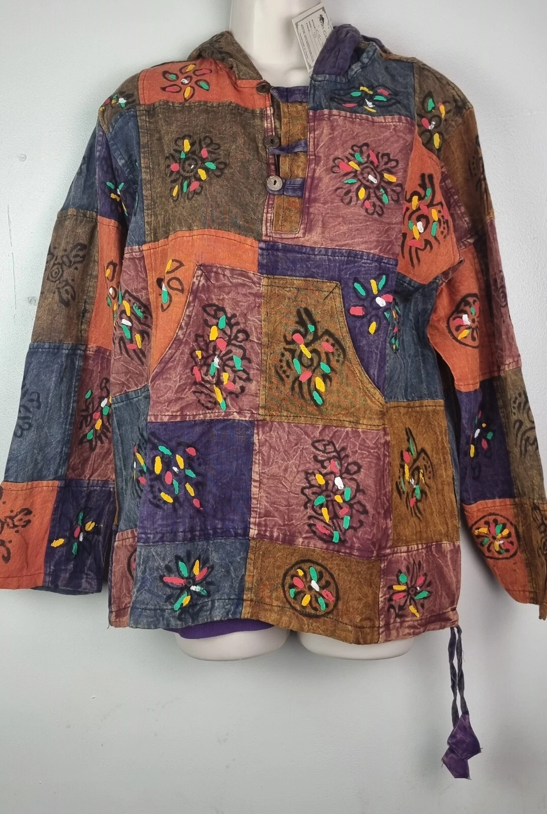 S-5XL Stonewashed Patchwork Hooded Boho Shirt Pullover Hippy Festival Kurta CS33