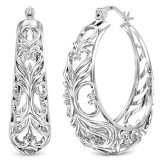 925 Sterling Silver Round Chunky Heart Filigree Hoop Earrings for Women 27 mm