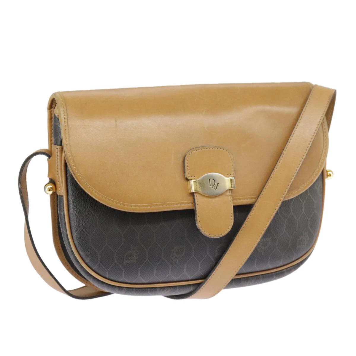Christian Dior sac à bandoulière toile nid d'abeille PVC cuir beige or authentique bs18673