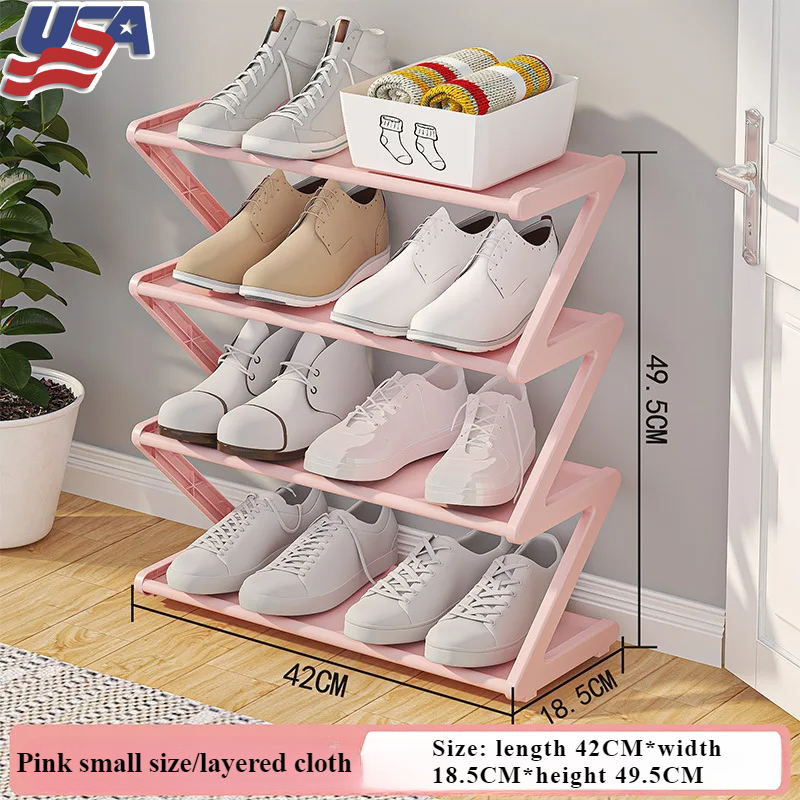 Pink 4-Tier Z-Shaped Durable Shoe Rack for Bedroom Living Room