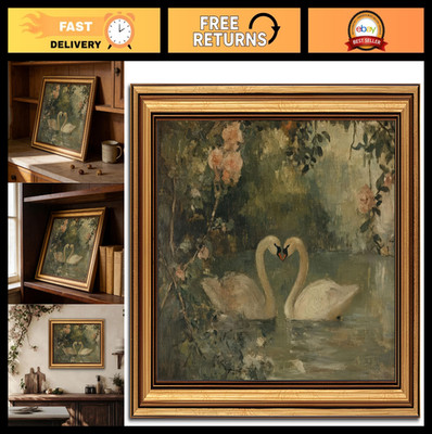 Rustic Vintage Gold Framed Swan Canvas Wall Art - 12x16in Animal Oil Painting De