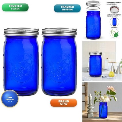 eleganttime Cobalt Blue Mason Jars Wide Mouth 2 Pack 32 oz