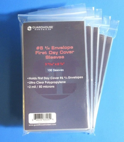 500 FIRST DAY COVER POLY SLEEVES, #6-3/4 COVERS, GUARDHOUSE SHIELD, 2 MIL, CLEAR