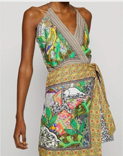 FARM RIO PARROT GREEN MULTI V-NECK WRAP MINI DRESS SIZE L $248