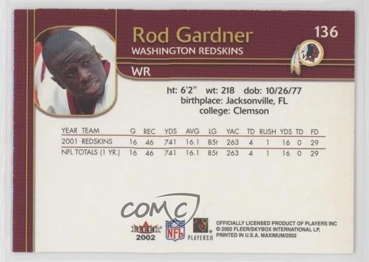 2002 Fleer Maximum To the Max /250 Rod Gardner #136 - Image 2 of 2