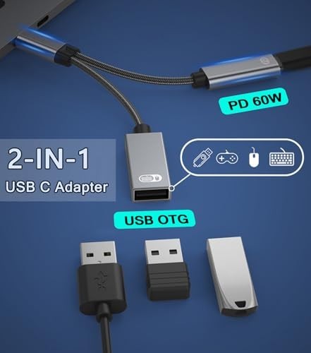 USB C to USB OTG Adapter, 2 in 1 USB C Splitter with PD 60W Charging ...