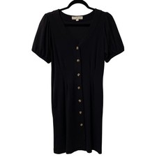 Loft Dress Button Front Pleated Feminine Peasant Knit Minimal Pockets Size 6 Blk