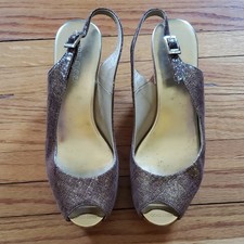 Jimmy Choo Gold Glitter Slingback Peep Toe Heels Buckle Size 36,5 EU