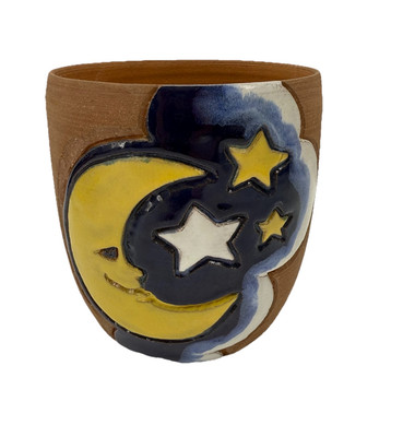 The Studio Moon Stars Terra Cotta Pottery Planter Small 5  Celestial Vintage 80s