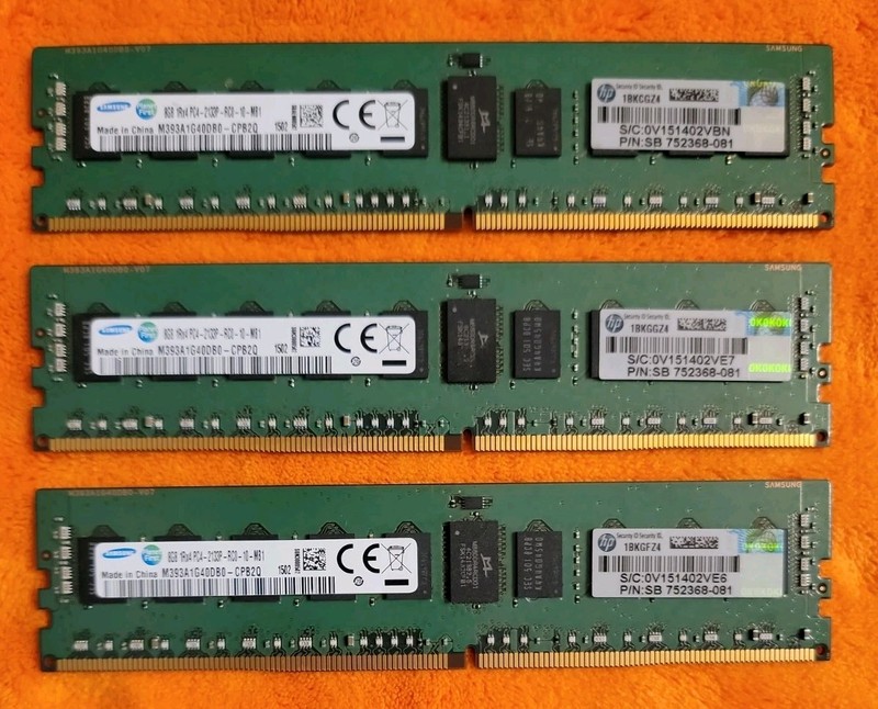 LOT OF 3 SAMSUNG 8GB 1Rx4 PC4-2133P  MEMORY HP 752368-081 M393A1G40DB0