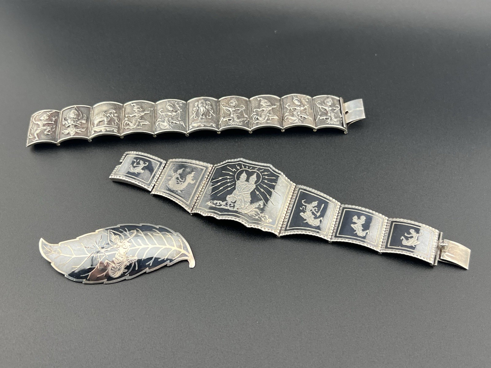 Vintage Siam Thai .925 Sterling Silver Jewelry Lot - 3 Bracelet Brooch 102g