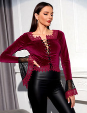 Kurz-Bluse Boho  Ethno Gothic  bordeaux  Zipfel Miederbluse Schnürung 36-40