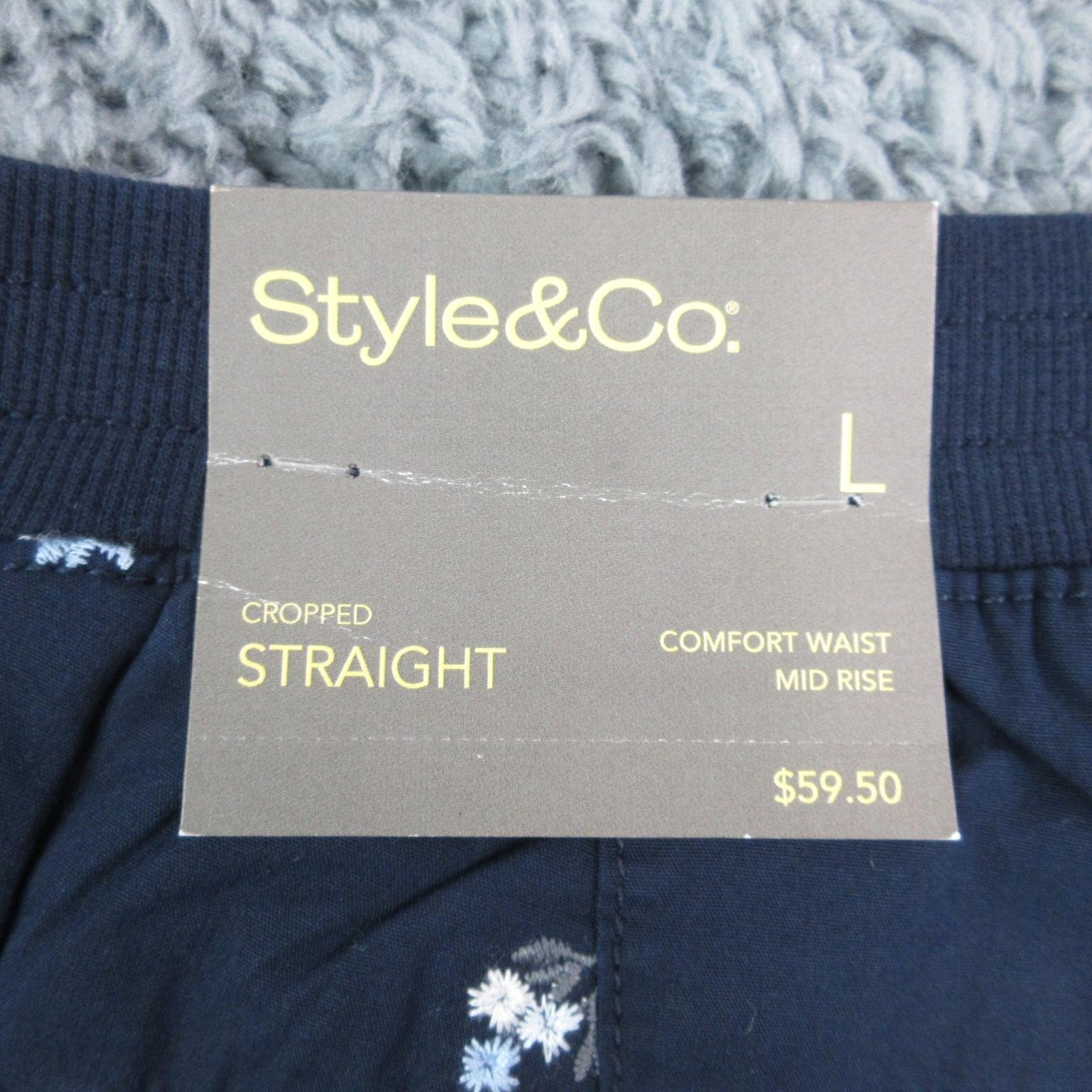 Style & Co Twill Tape Pant Womens Large Blue Cropped Straight Floral 33x25* NWT