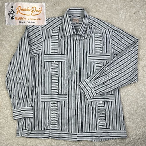 Ramon Puig Men’s Black White Striped Cotton Blend Guayabera Button LS Shirt XL