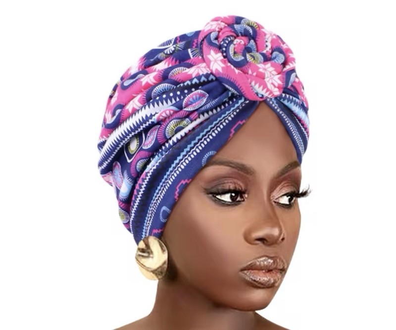 Women’s Multicolor Geometric Turban Headwrap Hat w/ Knot, One Size