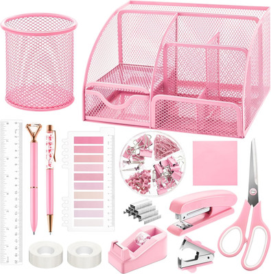 Pink Mesh Desk Organizer Office Supplies Set 11 Pc with Stapler Scissors